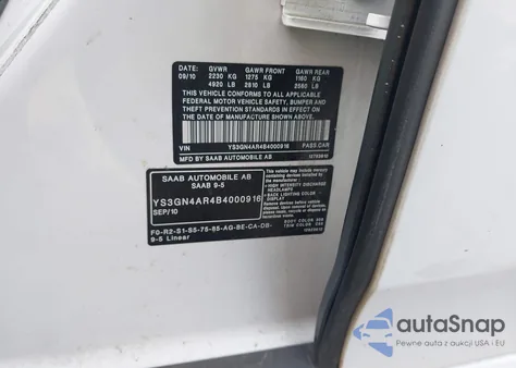 2011 Saab 9-5 Turbo4 Premium z USA, uszkodzony, nr VIN YS3GN4AR4B4000916